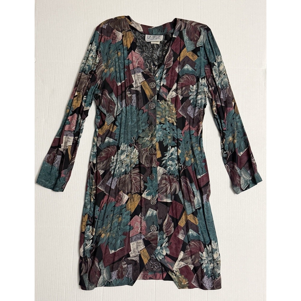 Vintage La Belle Abstract Floral Rayon Dress Size 13 Ornate Silver Tone Buttons